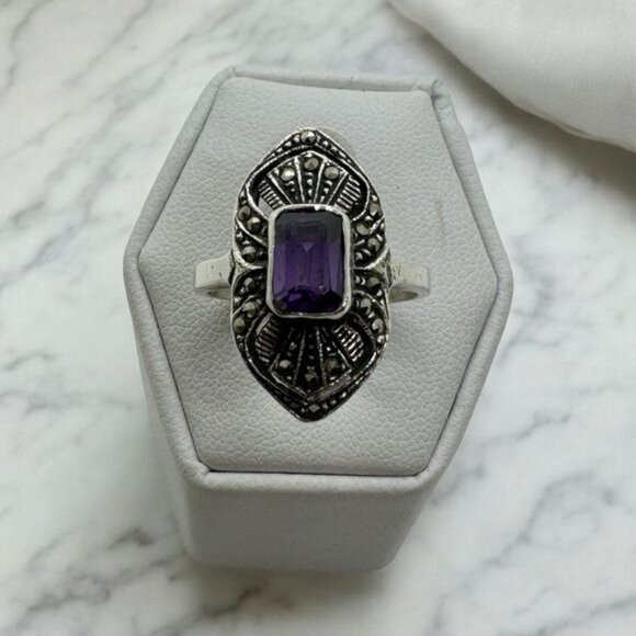 Sterling Silver Amethyst Ring size 7.5 Vintage Antique Style .925 - Picture 1 of 9